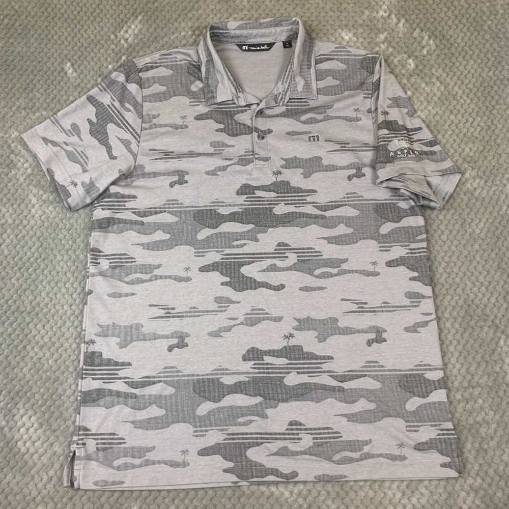 TravisMathew Mens XL Grey Camo Palm Tree Aspen Golf Club Pima Cotton Polo Shirt